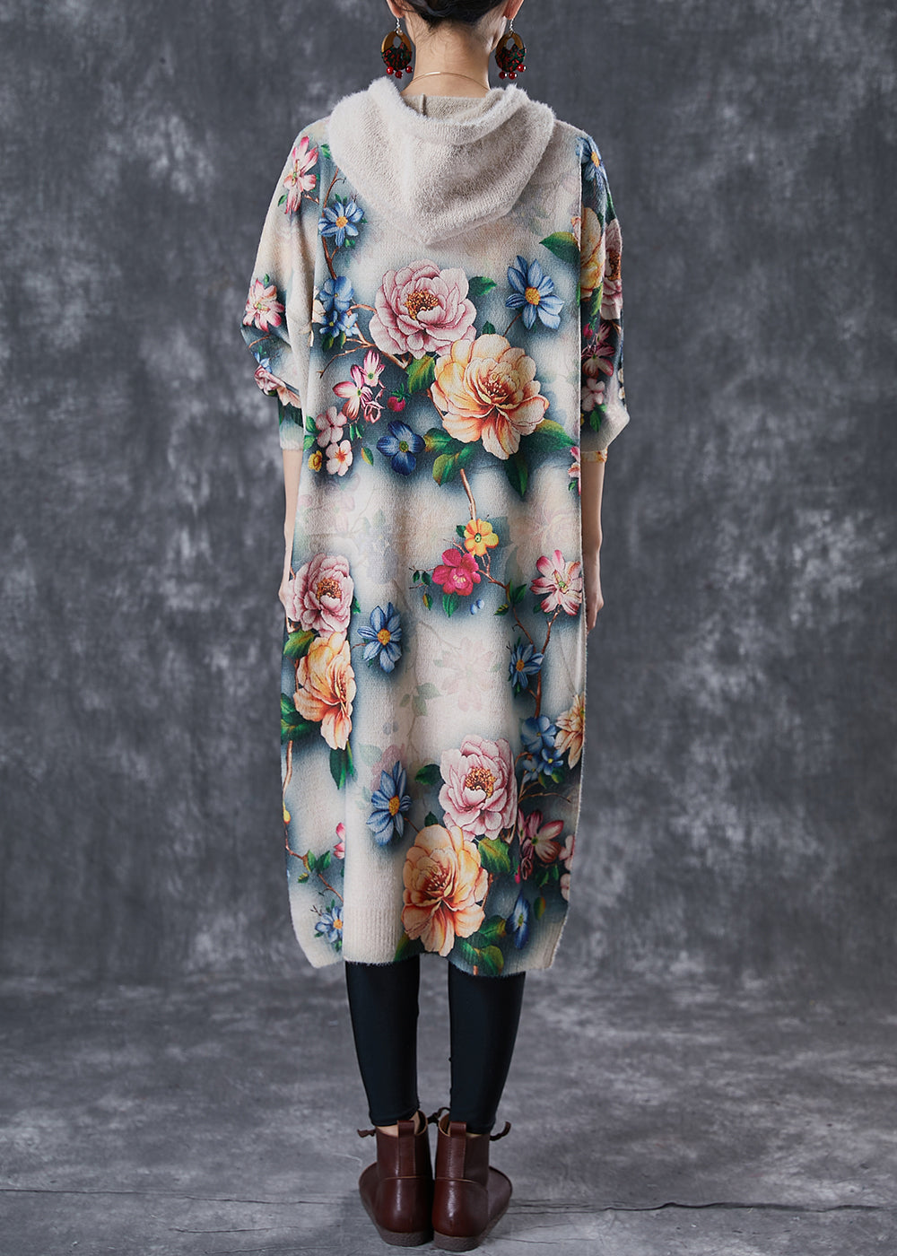 Floral Print Hooded Drawstring Rib Knit Drop Shoulder Midi Dress