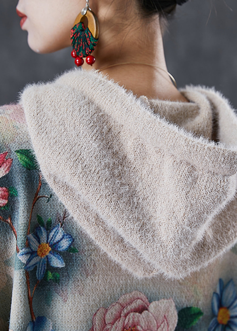 Floral Print Hooded Drawstring Rib Knit Drop Shoulder Midi Dress