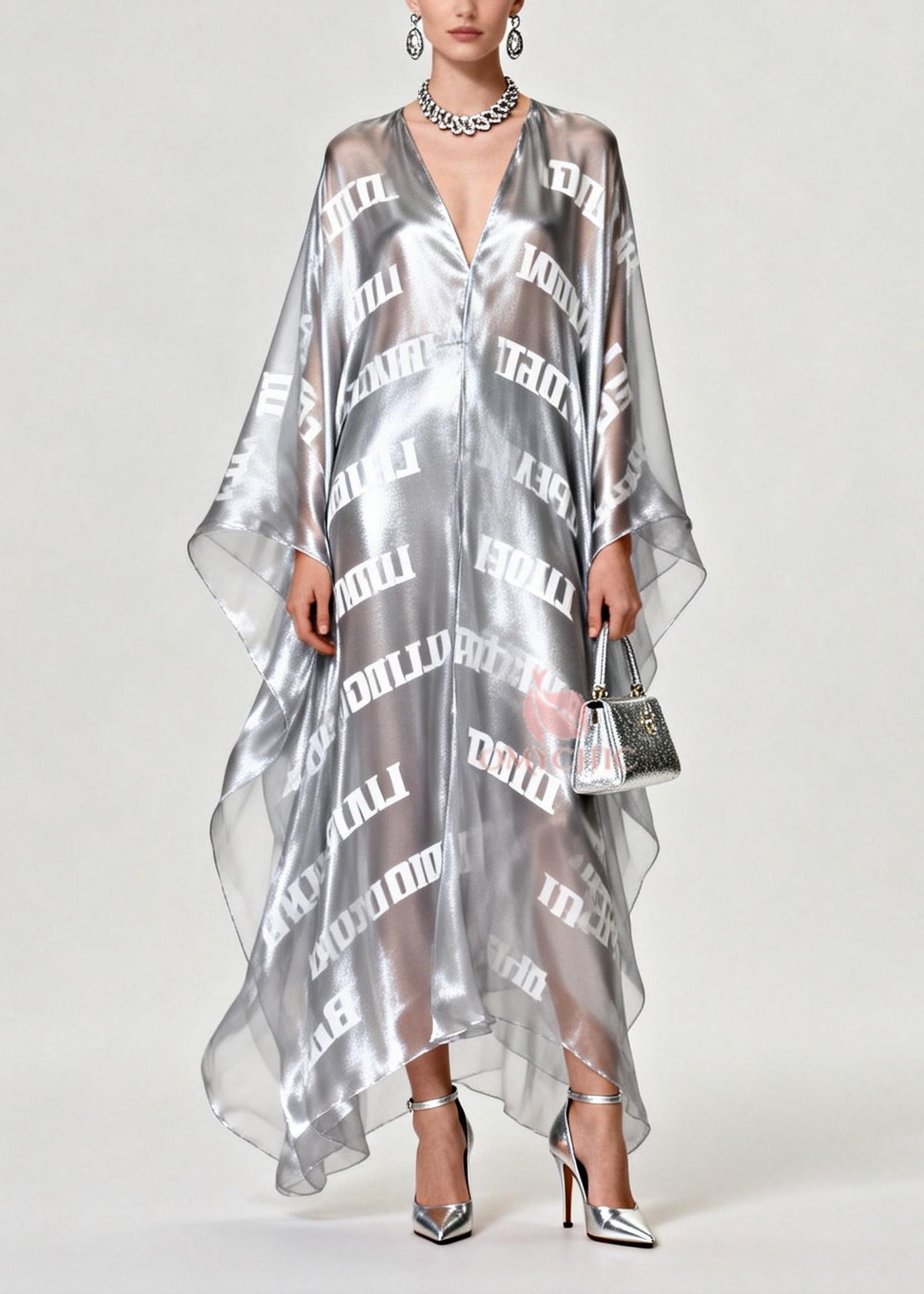 Metallic Letter Print Deep V-Neck Batwing Sleeve Sheer Overlay Kaftan Maxi Dress 3