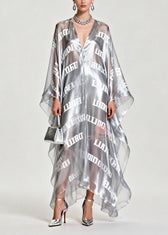Diy Silvery Oversized Letter Print Chiffon Maxi Dress Summer 5