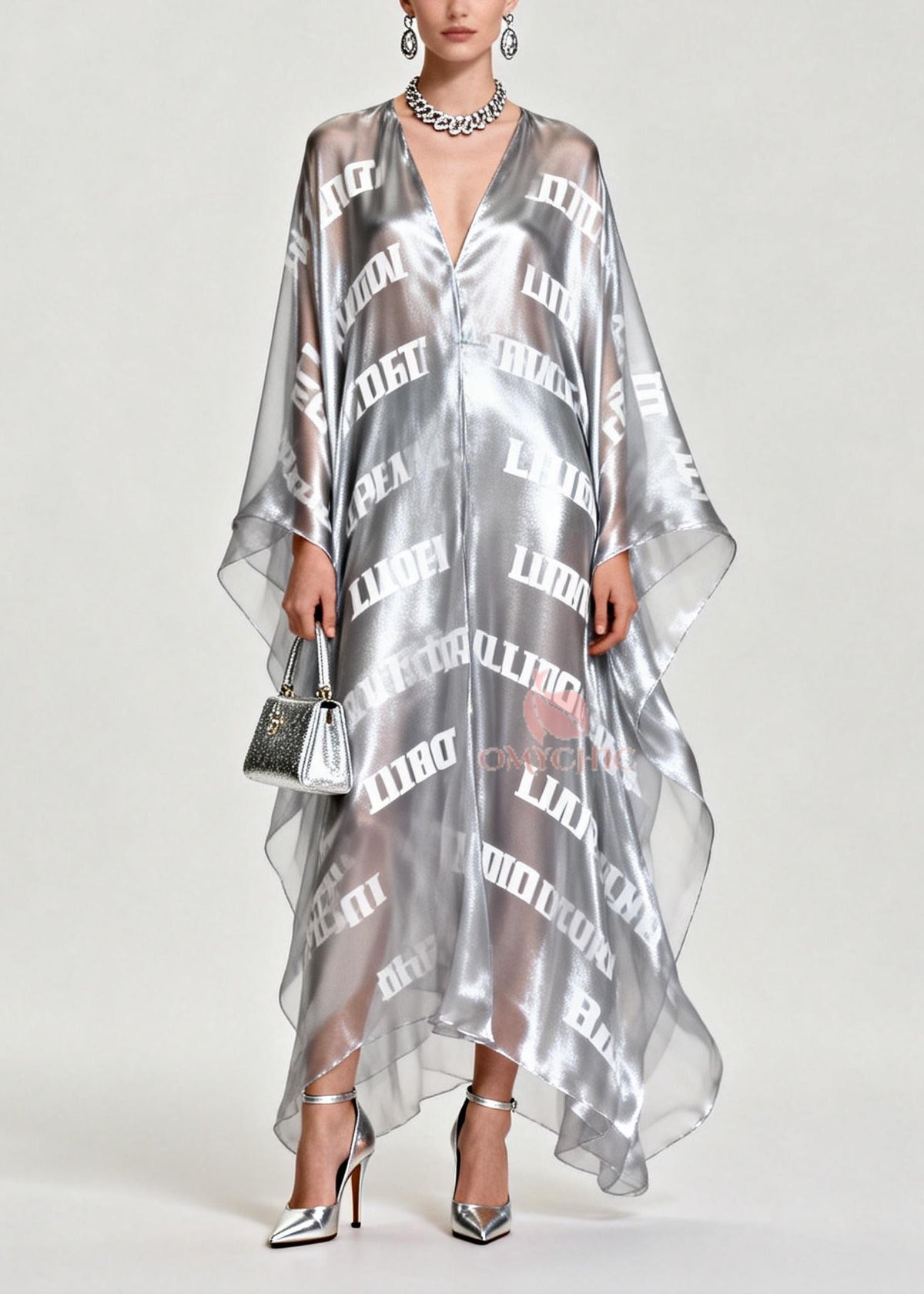 Metallic Letter Print Deep V-Neck Batwing Sleeve Sheer Overlay Kaftan Maxi Dress 5