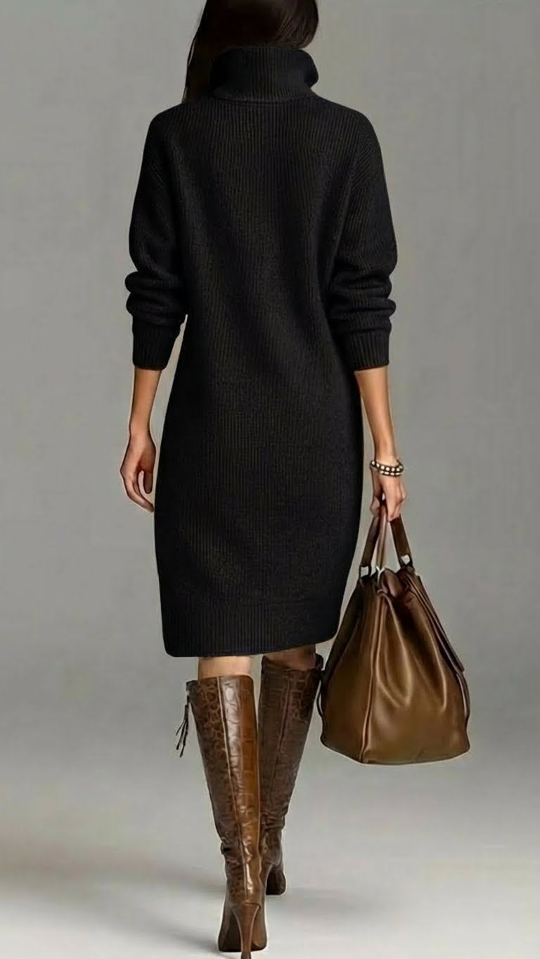 Knit High Neck Long Sleeve Button Shift Midi Dress 12