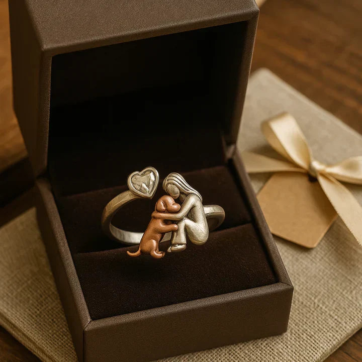 Heart Cut Stone Girl and Dog Adjustable Ring