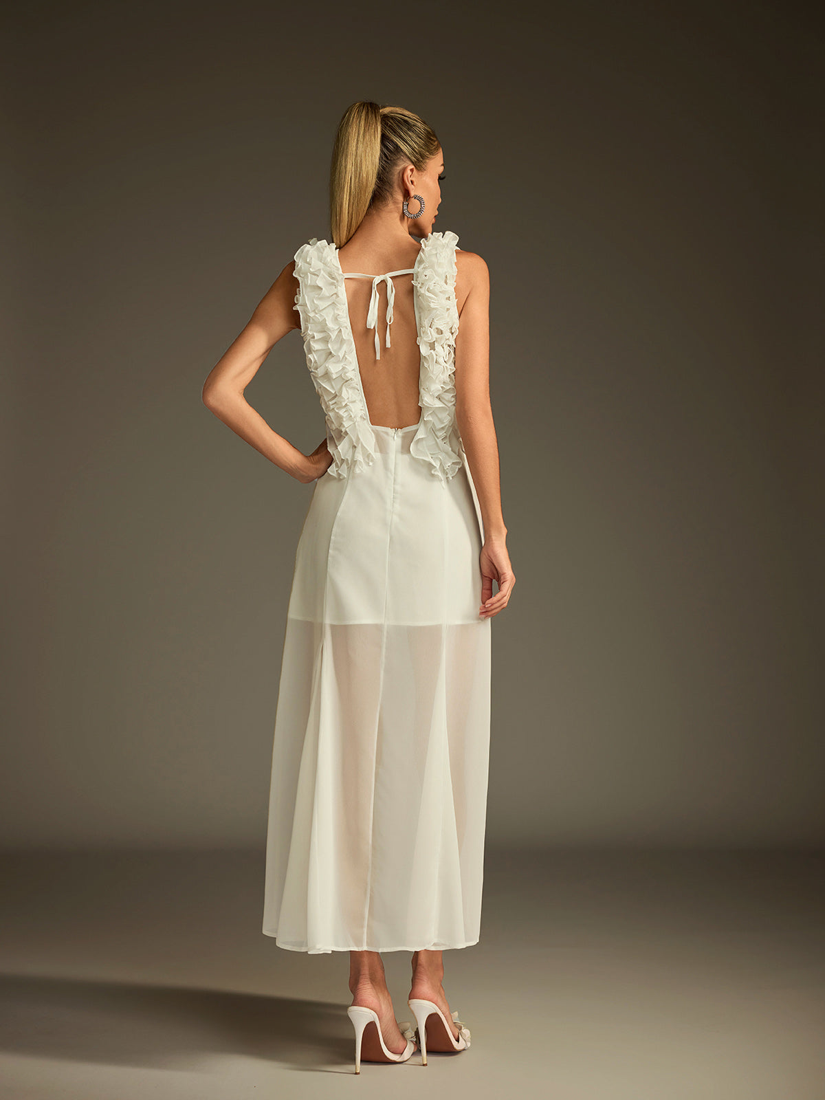 Plunge Neck Ruffle Mesh Midi Dress - View 6