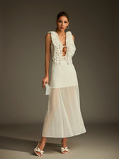 Plunge Neck Ruffle Mesh Midi Dress - View 4