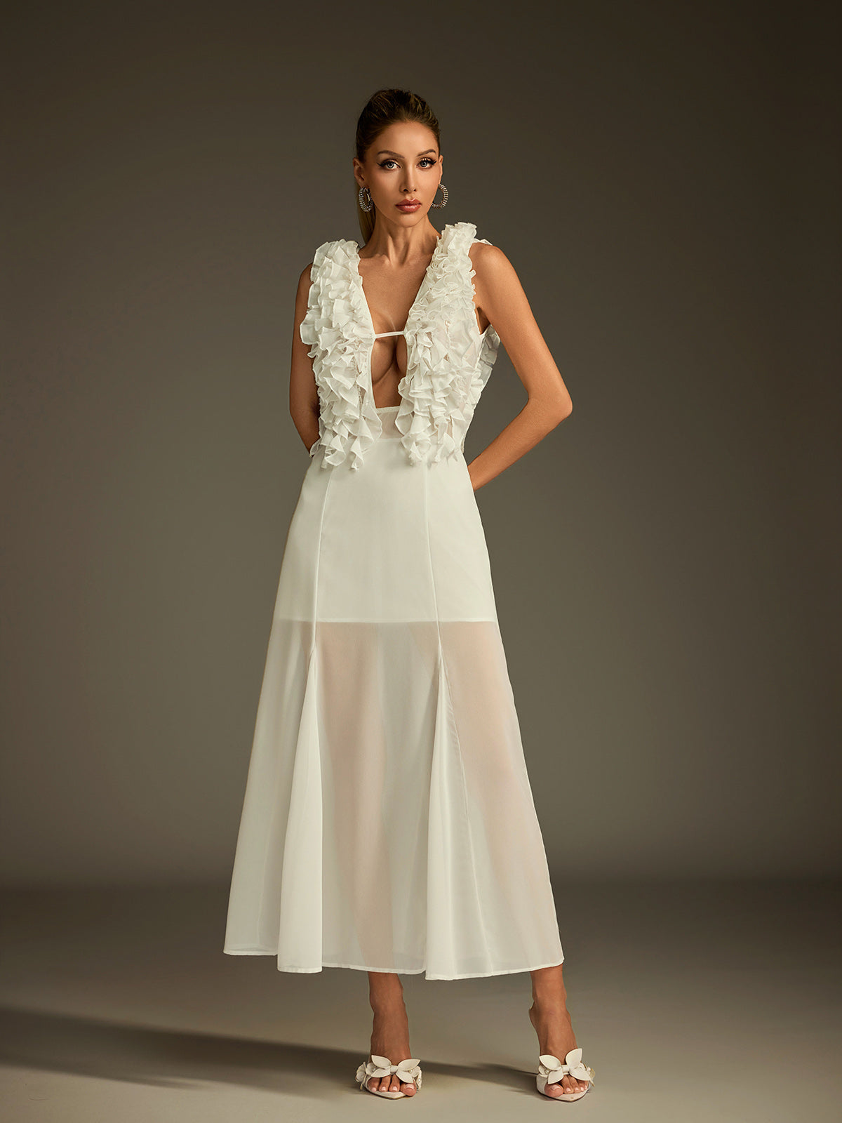 Plunge Neck Ruffle Mesh Midi Dress