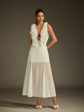 Plunge Neck Ruffle Mesh Midi Dress