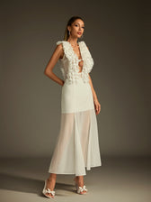 Plunge Neck Ruffle Mesh Midi Dress - View 3