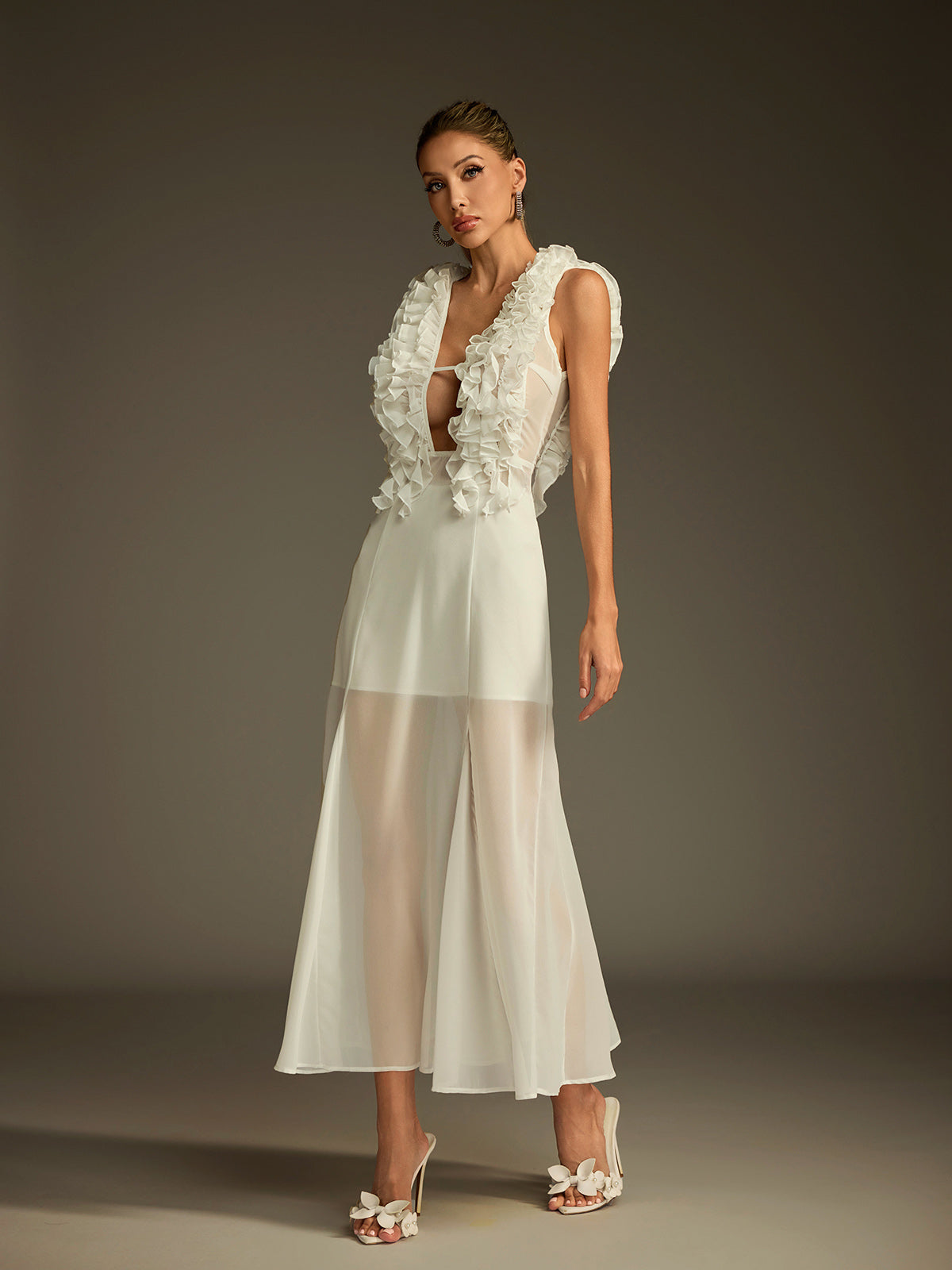 Plunge Neck Ruffle Mesh Midi Dress - View 5