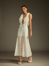 Plunge Neck Ruffle Mesh Midi Dress - View 5