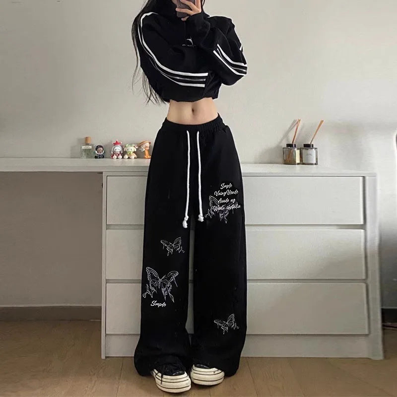 Butterfly Letter Print Drawstring Elastic Waist Wide Leg Sweatpants