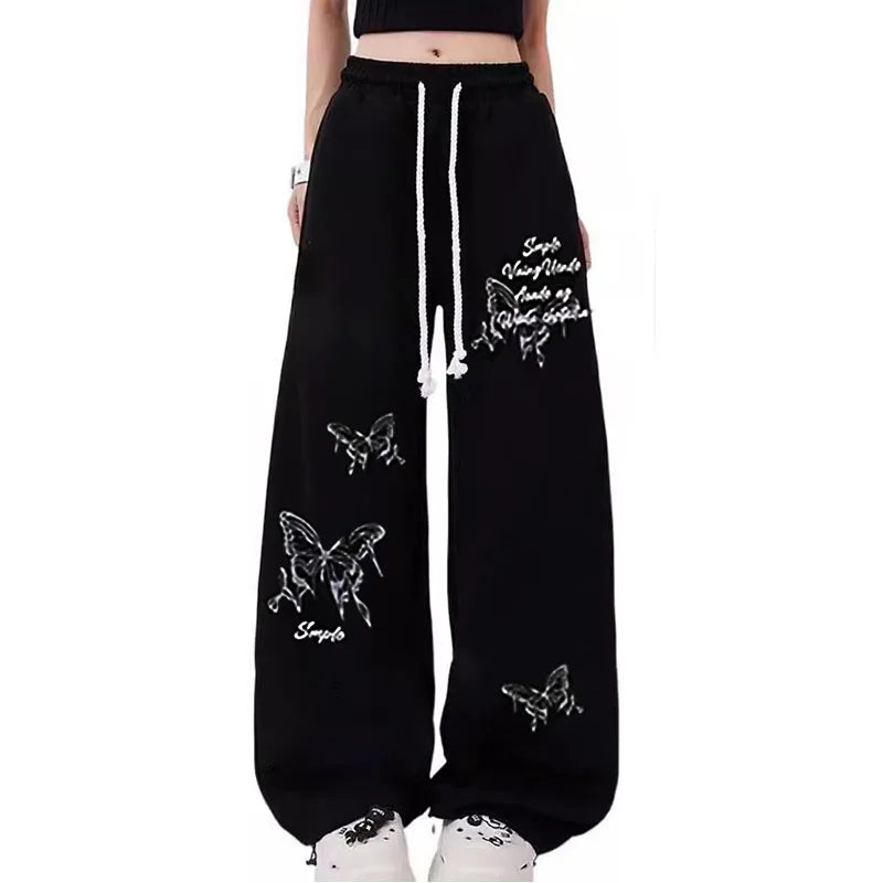 Butterfly Letter Print Drawstring Elastic Waist Wide Leg Sweatpants 2