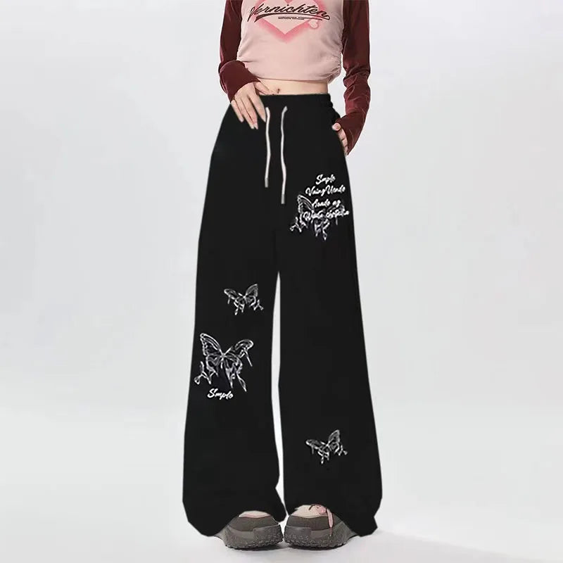 Butterfly Letter Print Drawstring Elastic Waist Wide Leg Sweatpants 3