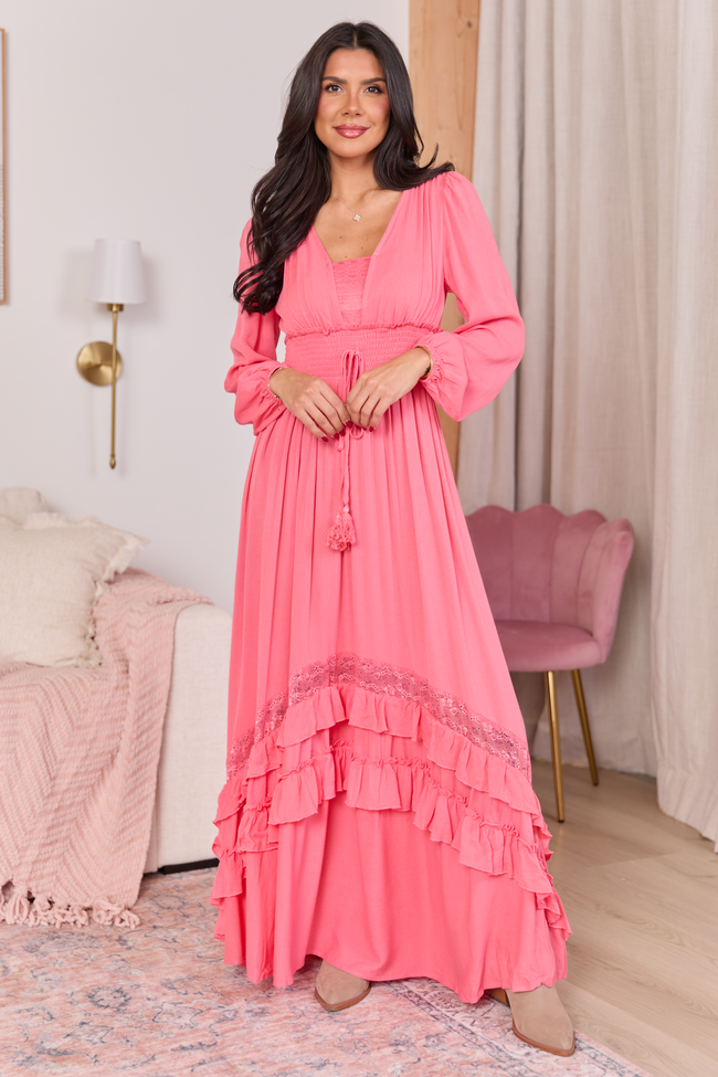 V-Neck Long Sleeve Smocked Waist Lace Inset Ruffle Tiered Maxi Dress 2
