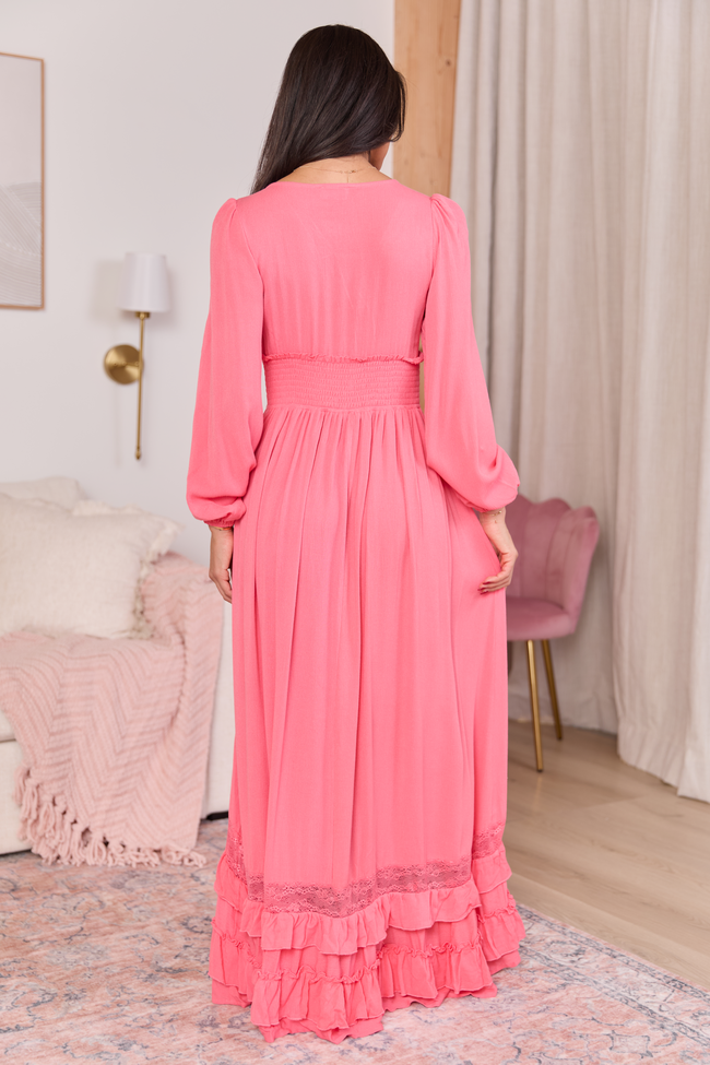 V-Neck Long Sleeve Smocked Waist Lace Inset Ruffle Tiered Maxi Dress 4