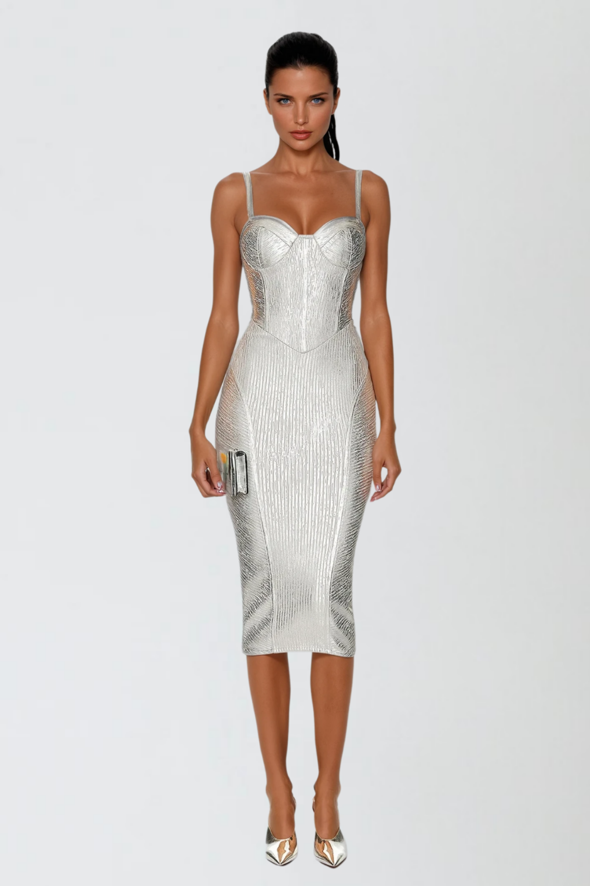Metallic Ribbed Bustier Corset Spaghetti Strap Bodycon Bandage Midi Dress