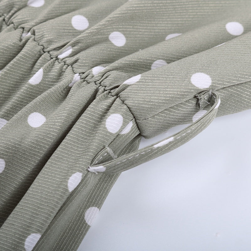 Dot Printed High Waist Spring Autumn Dress Women Long Sleeve A-line Pleated Dress Plus Size