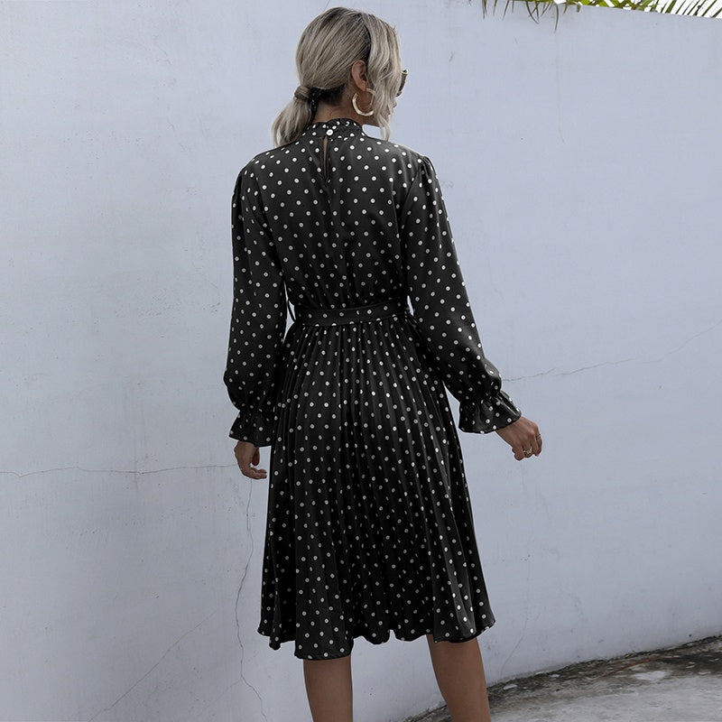 Dot Printed High Waist Spring Autumn Dress Women Long Sleeve A-line Pleated Dress Plus Size