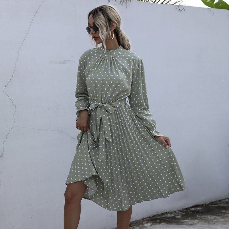 Dot Printed High Waist Spring Autumn Dress Women Long Sleeve A-line Pleated Dress Plus Size