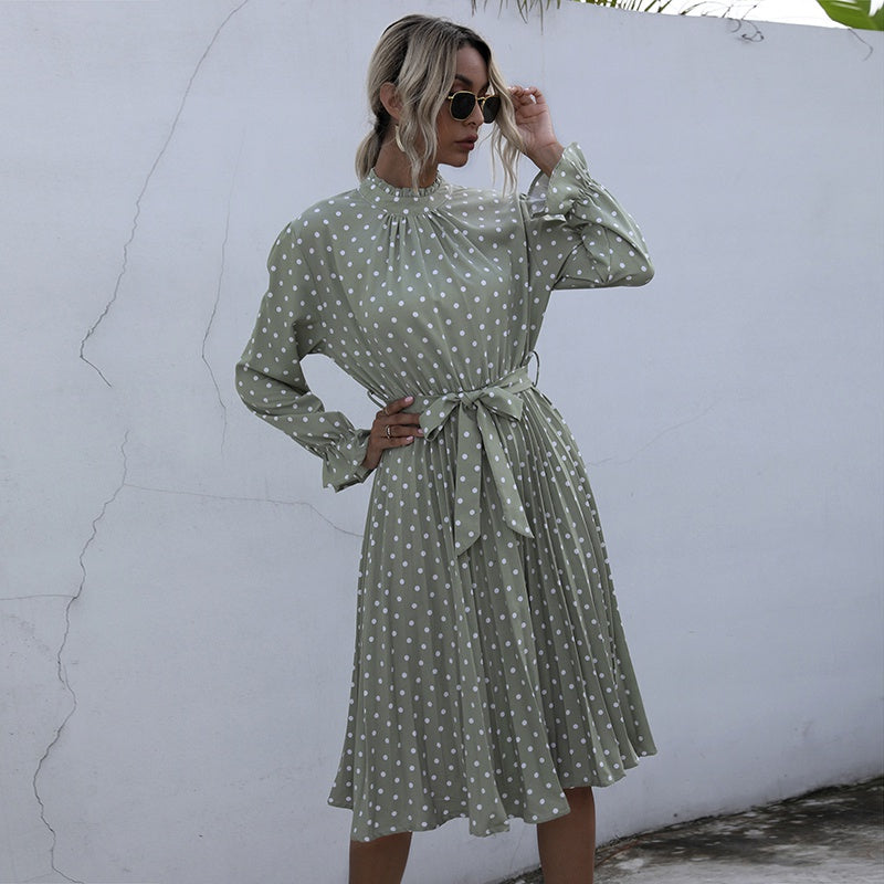 Dot Printed High Waist Spring Autumn Dress Women Long Sleeve A-line Pleated Dress Plus Size