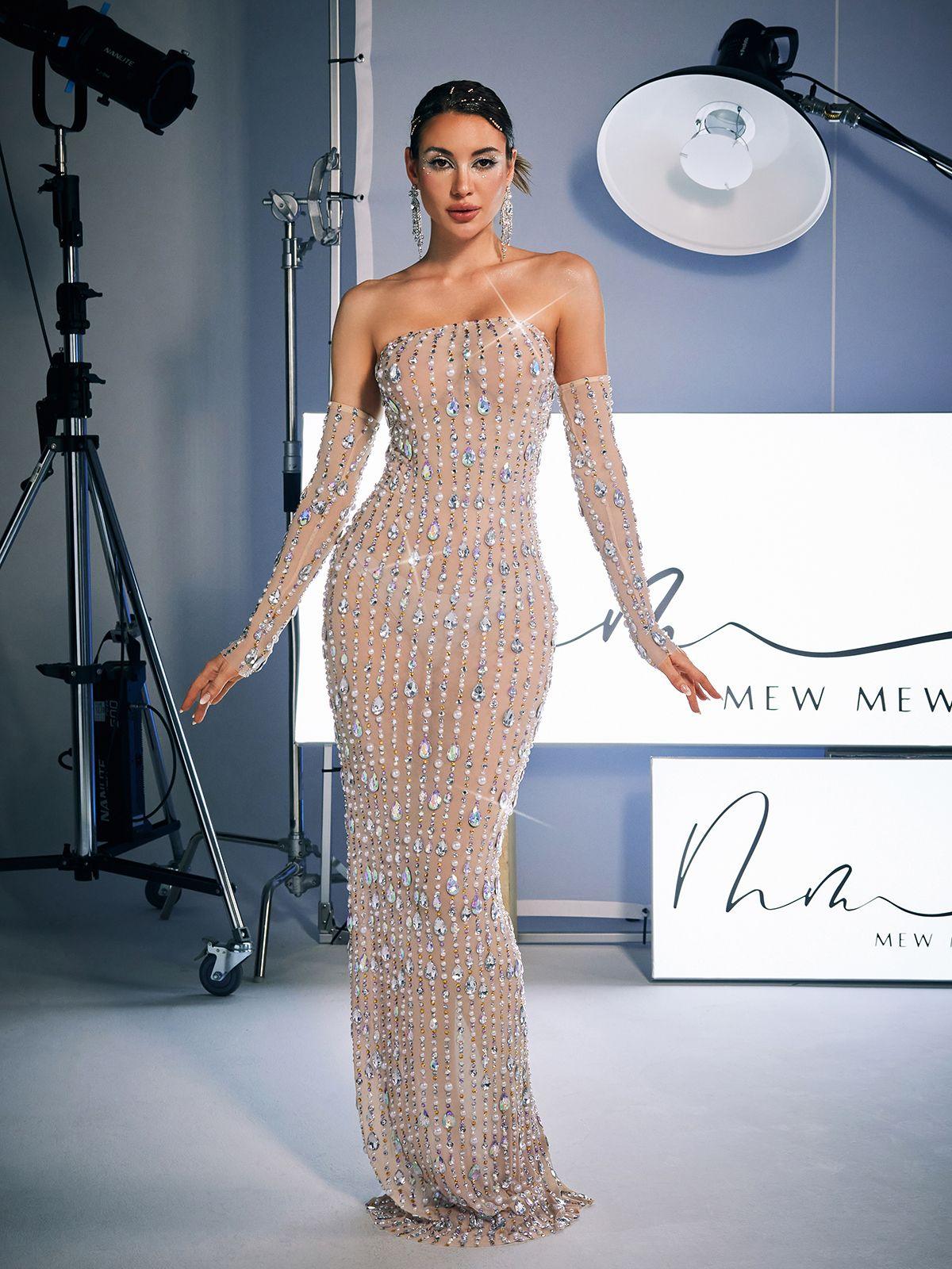 Strapless Rhinestone Maxi Dress With Gloves - View 5