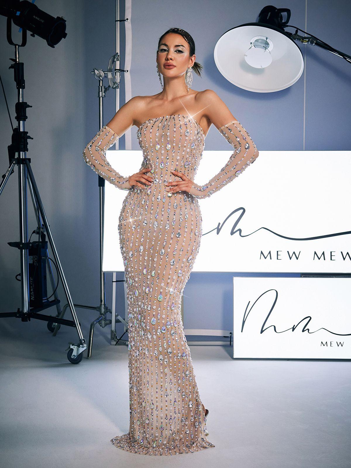 Strapless Rhinestone Maxi Dress With Gloves - View 2