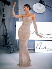 Strapless Rhinestone Maxi Dress With Gloves