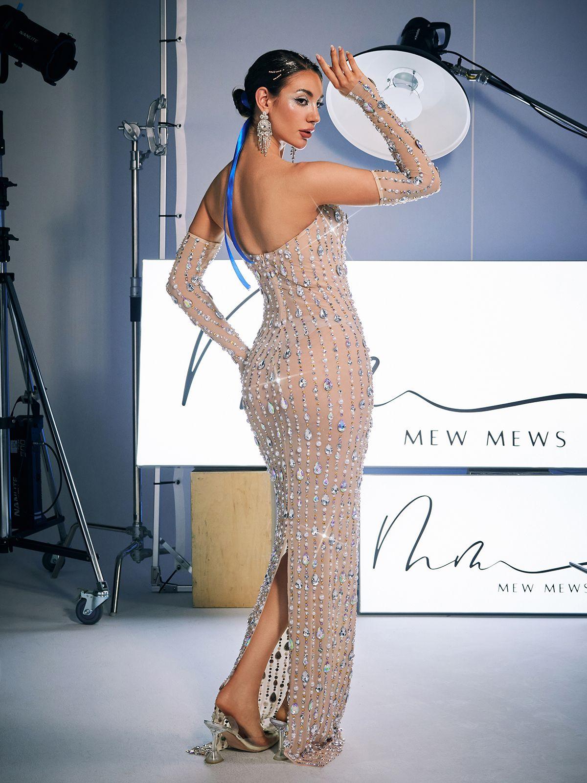 Strapless Rhinestone Maxi Dress With Gloves - View 6