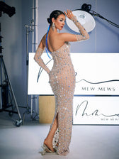 Strapless Rhinestone Maxi Dress With Gloves - View 6