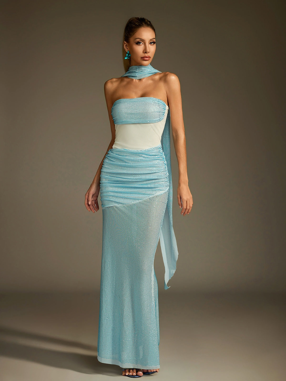 Rhinestone Scarf Mesh Maxi Dress - View 3