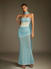 Rhinestone Scarf Mesh Maxi Dress