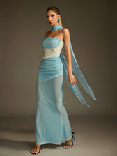Rhinestone Scarf Mesh Maxi Dress - View 4