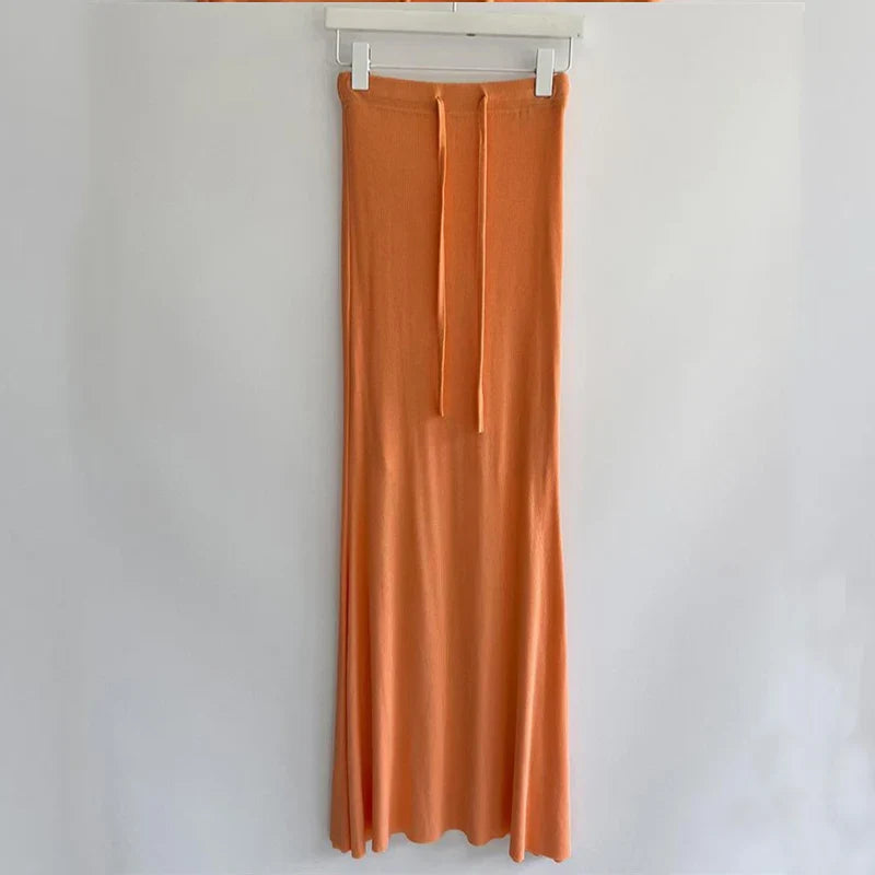 Drawstring Orange Vintage High Waist Maxi Sexy Tight Elegant Skirt