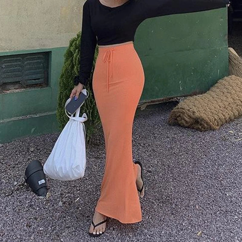 Drawstring Orange Vintage High Waist Maxi Sexy Tight Elegant Skirt
