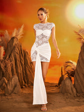 Cutout Lace Draped Mini Dress In White