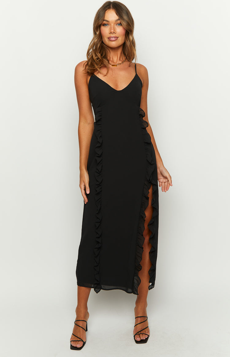 Cami Strap V-Neck Ruffle Trim High Split Midi Dress 2