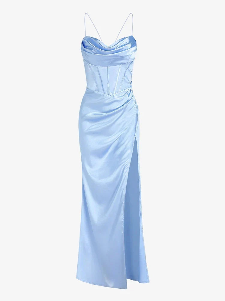 Elegant Satin Cowl Front Lace Up Corset Red Christmas Party Dress Light Blue / S Dresses-L