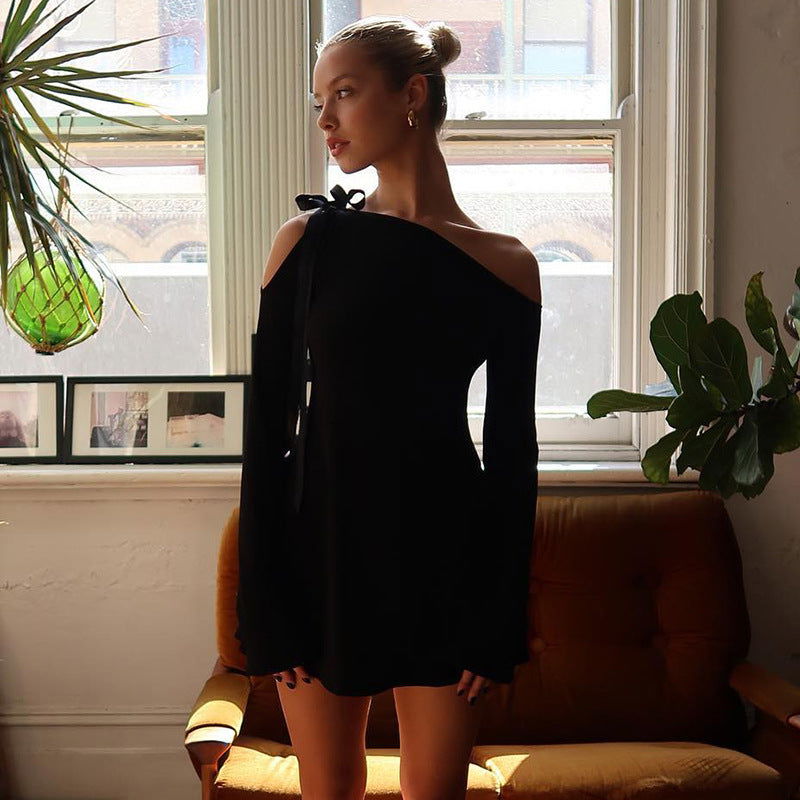 Dress Diagonal Collar off the Shoulder Stitching High Waist Long Sleeves Hip