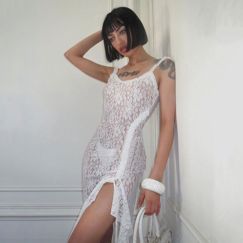 Dress Lace Strap Stitched Backless Long Sheath - View 3