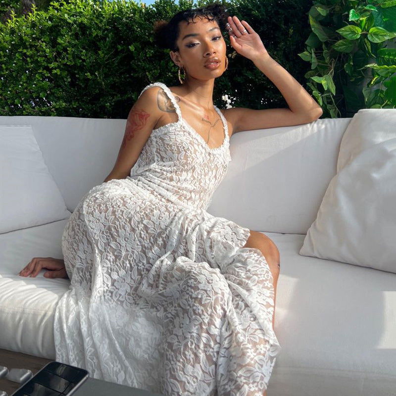 Dress Lace Strap Stitched Backless Long Sheath