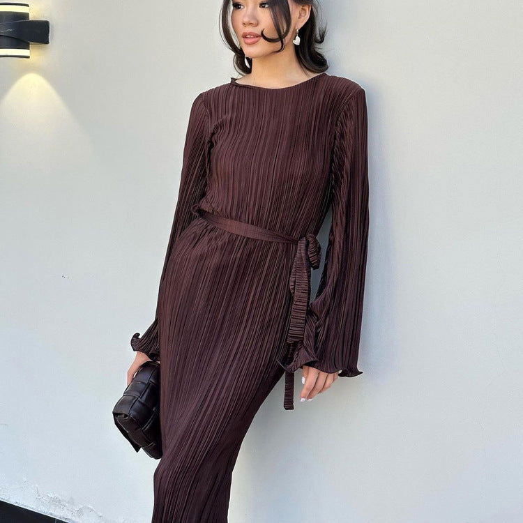 Dress round Neck Tied Horn Long Sleeve Long Pleated Dress