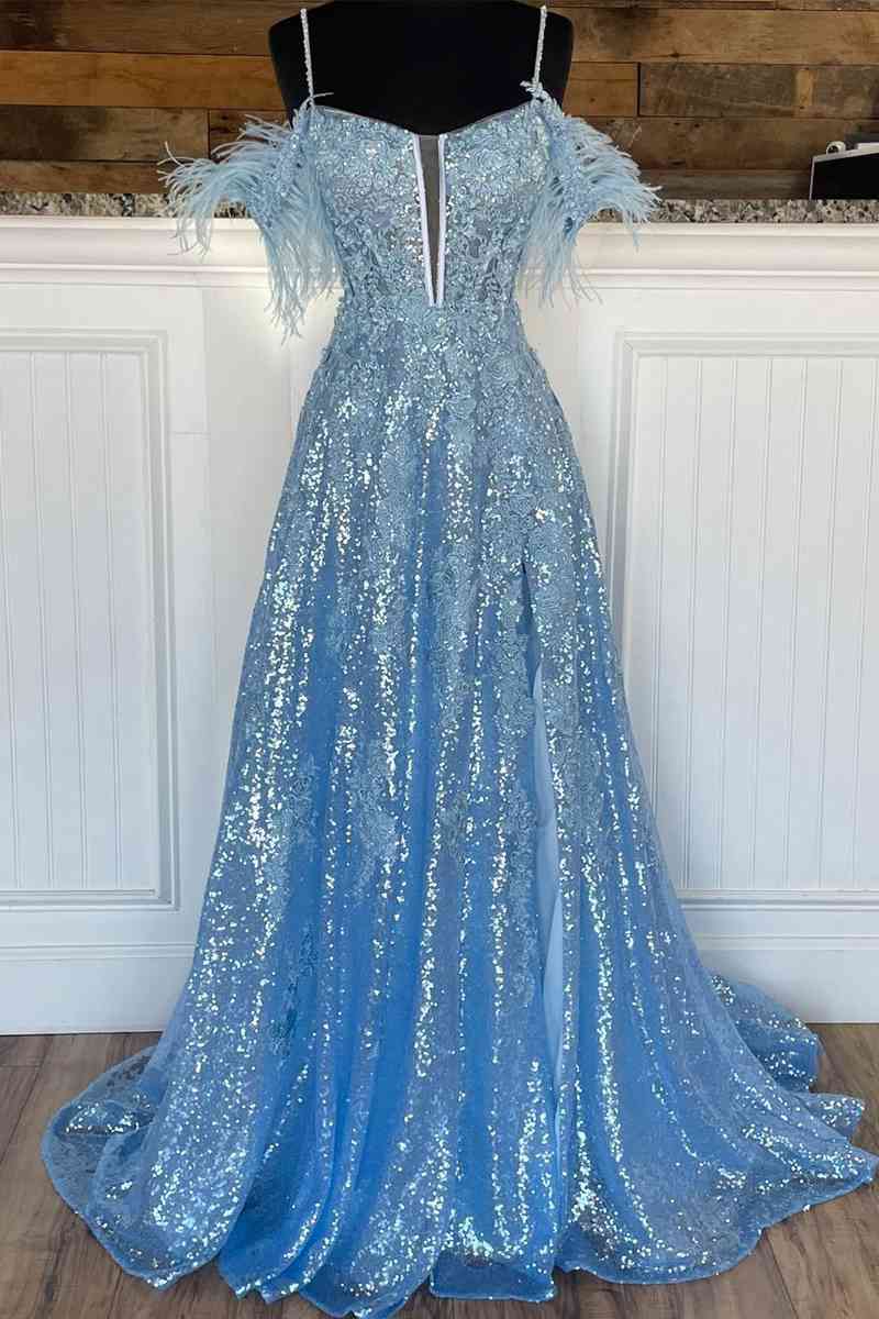 A Line Appliques Slit Long Prom Dresses with Feather