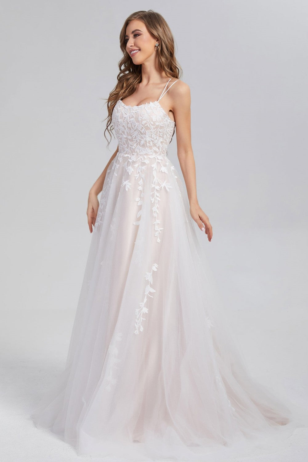 A Line Appliques Spaghetti Straps Long Prom Dresses