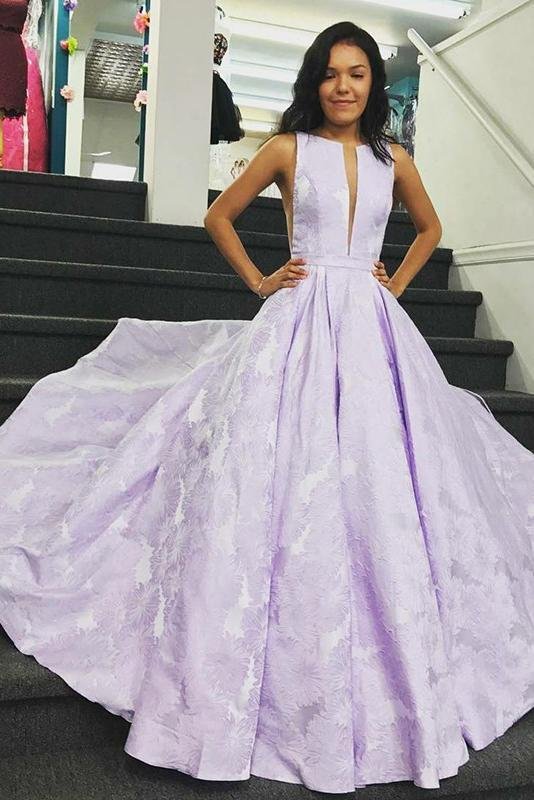 A Line Bateau Sleeveless Floral Satin Prom Dress