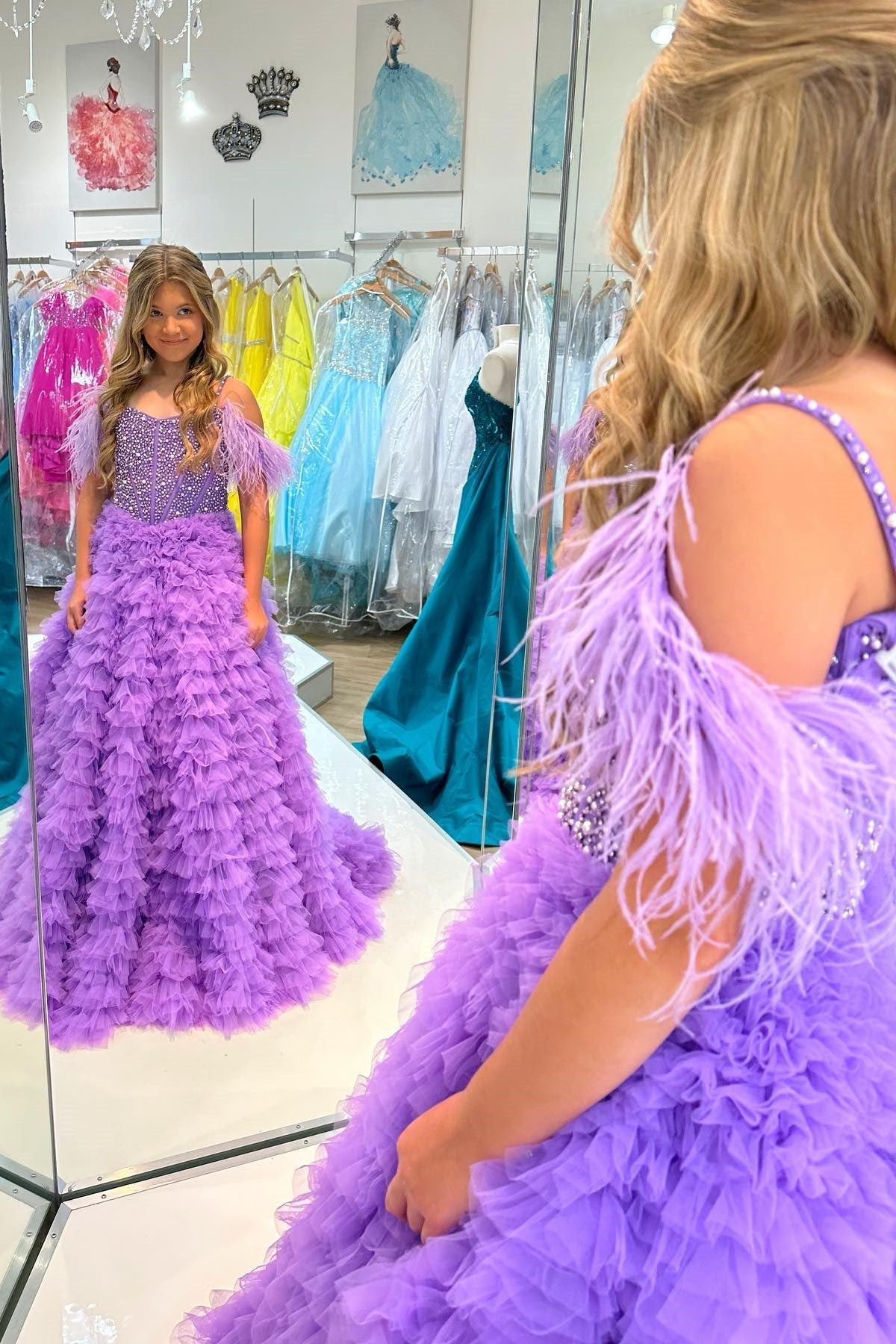 A Line Beaded Cold-Shoulder Ruffle Long Girl Pageant Dress