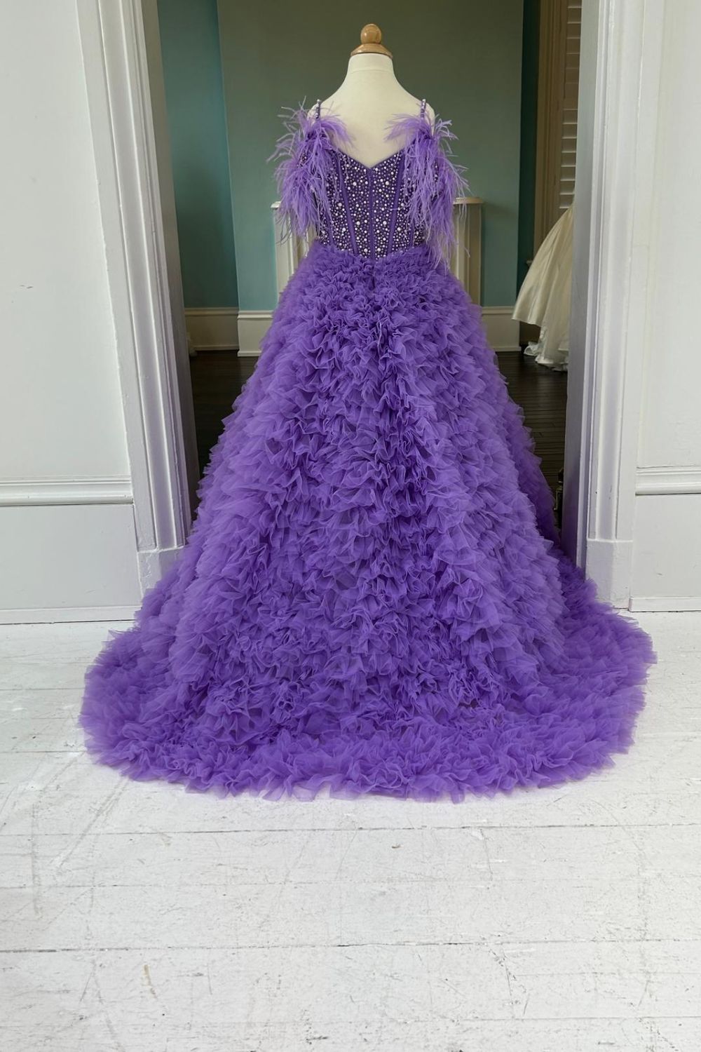 A Line Beaded Cold-Shoulder Ruffle Long Girl Pageant Dress