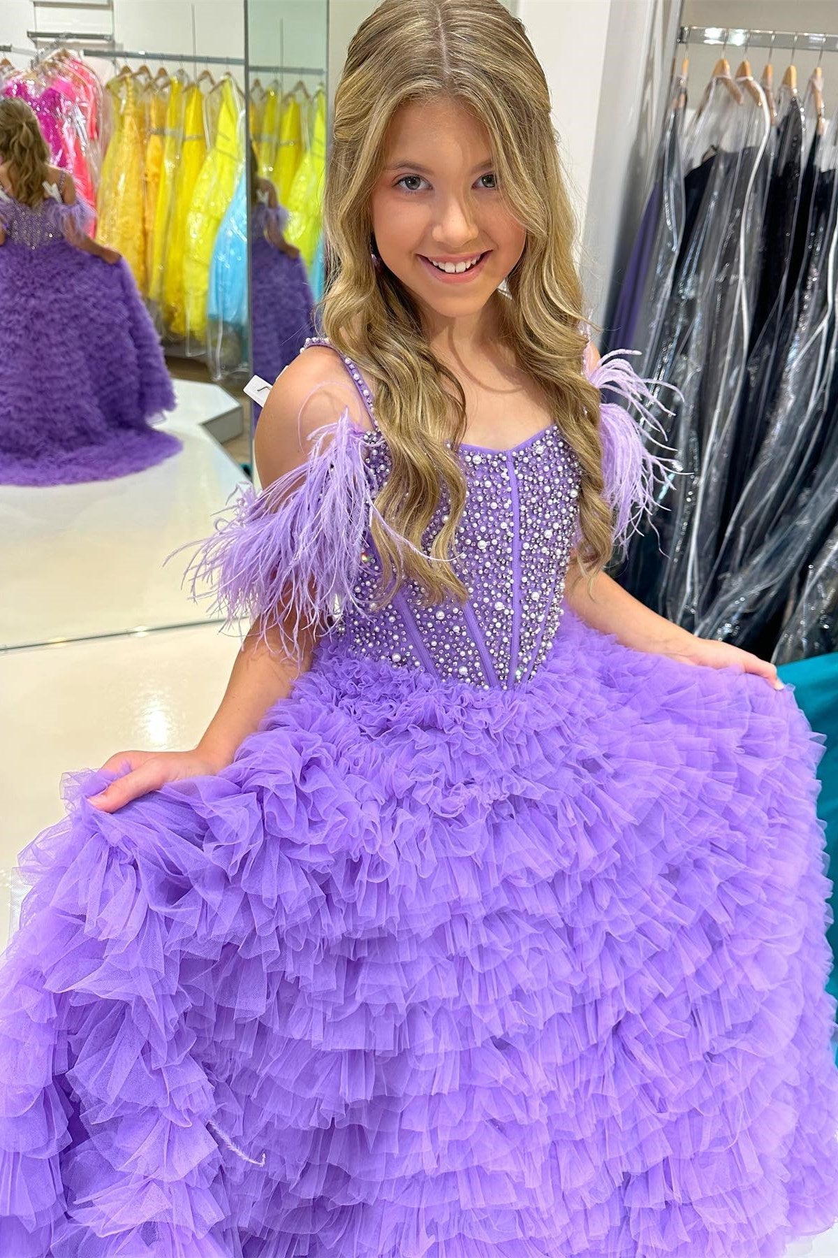 A Line Beaded Cold-Shoulder Ruffle Long Girl Pageant Dress