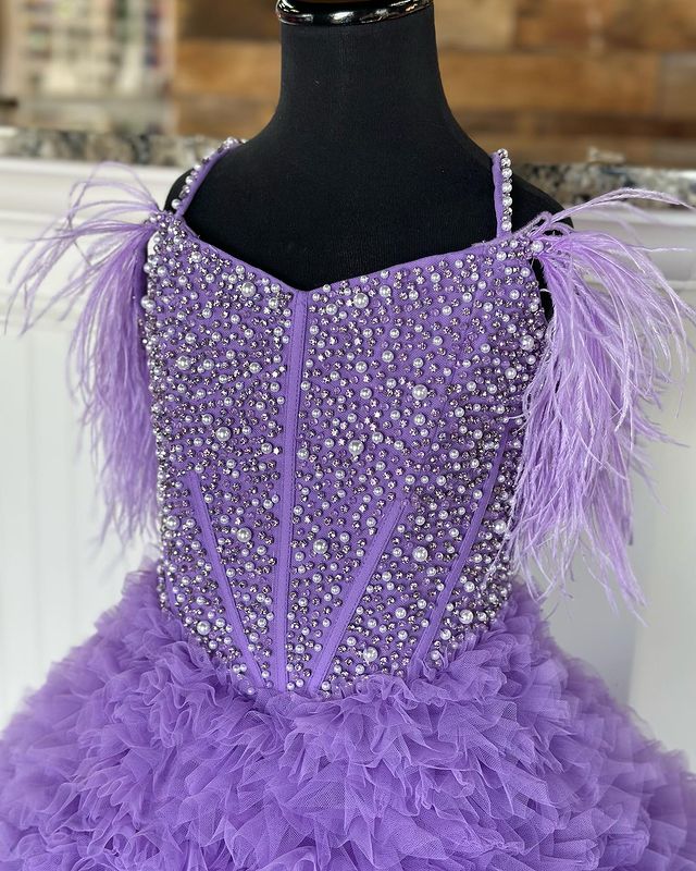 A Line Beaded Cold-Shoulder Ruffle Long Girl Pageant Dress