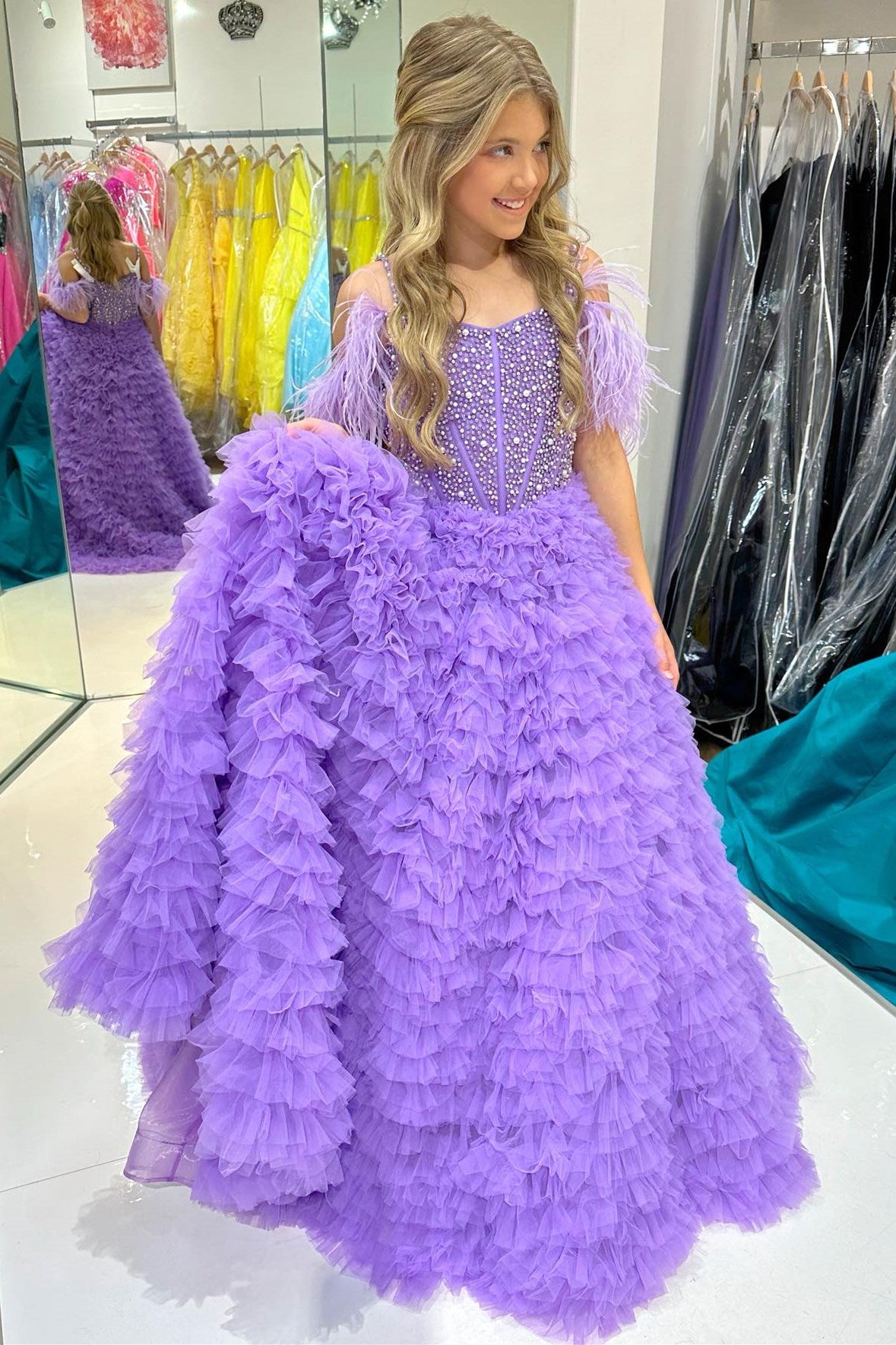 A Line Beaded Cold-Shoulder Ruffle Long Girl Pageant Dress