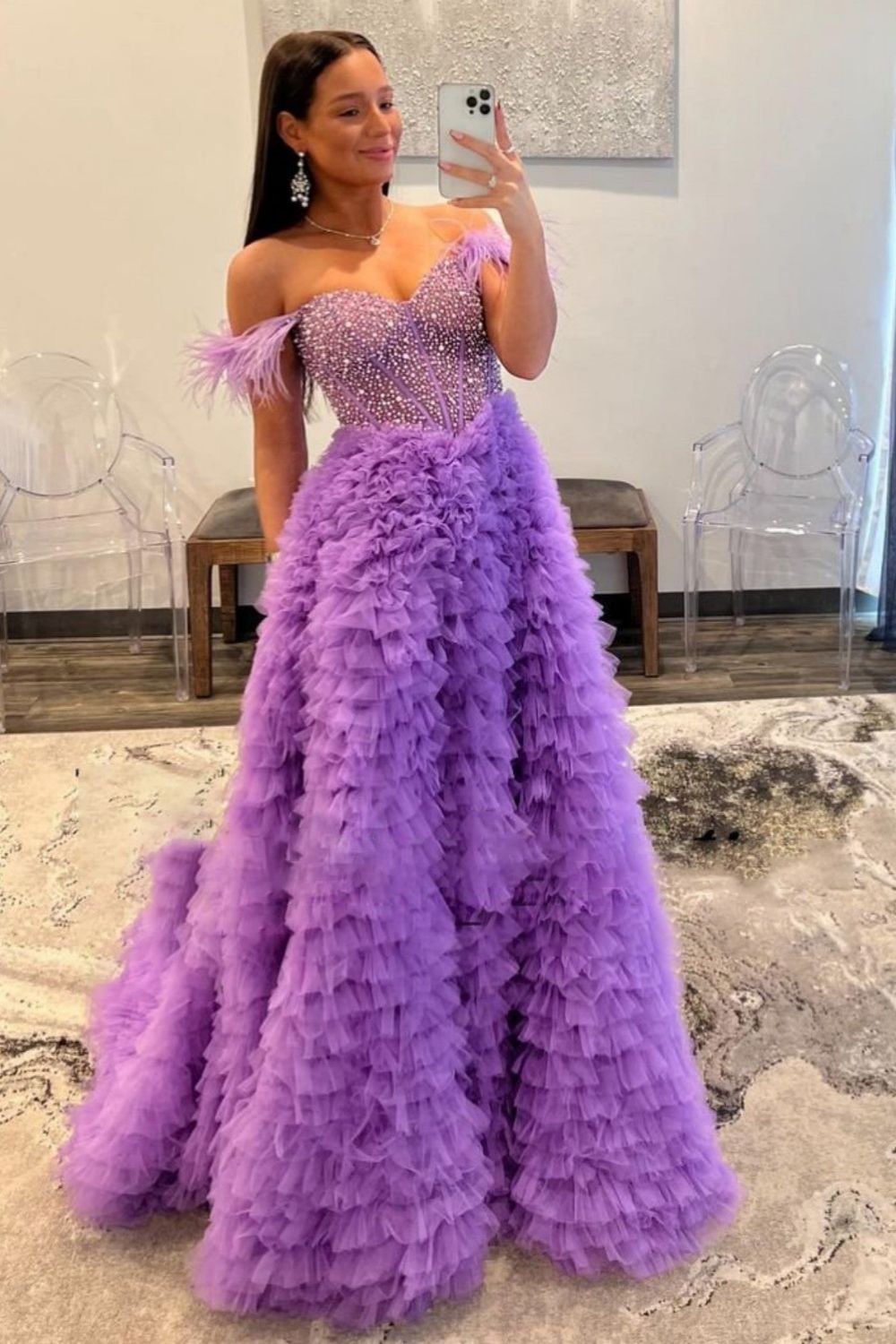 A Line Custom-Made Long Off the Shoulder Sweetheart Tiered  Prom Dresses with Split